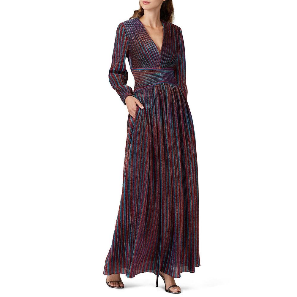Jonathan Simkhai Rainbow‎ Metallic Pleated Long Sleeve V-Neck Knit Party Gown 2